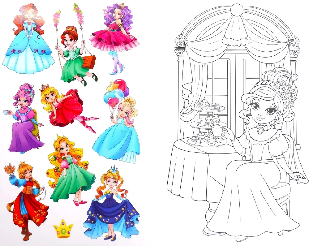 Coloring Book with Stickers. Cute Princesses