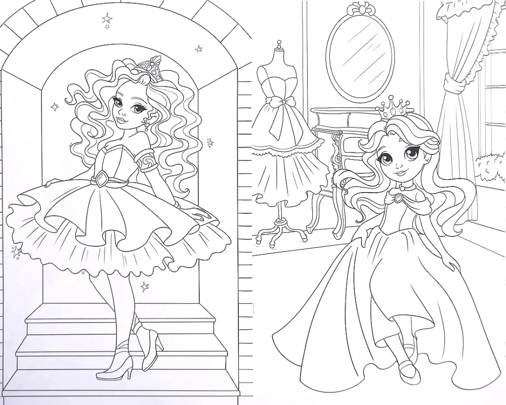 Coloring Book with Stickers. Cute Princesses