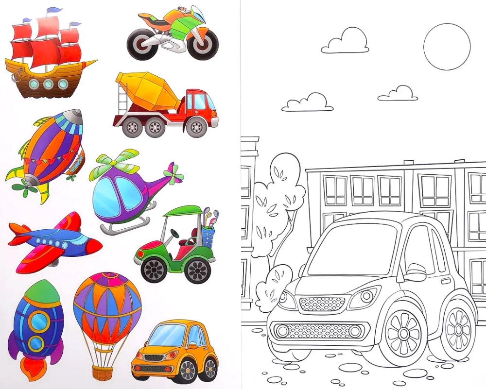 Coloring Book with Stickers. Transport