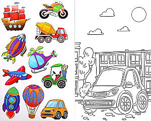 Coloring Book with Stickers. Transport