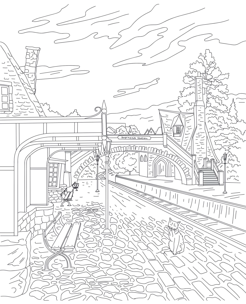 Koulu Poootori maagilised nurgad. Värvimisraamat Harry Potteri universumist