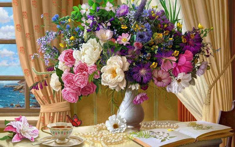 Paint by numbers 40x50 cm Still Life with Summer Bouquet, 25 colors, level 4