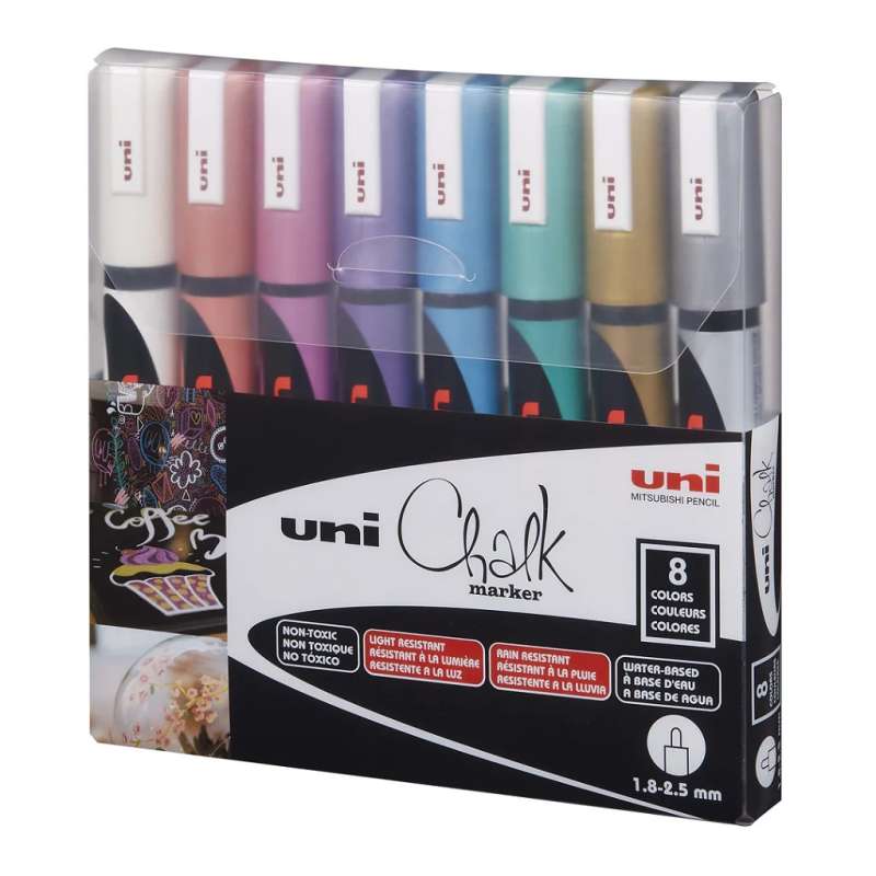 Set of UNI PWE-5M Chalk Markers, Metallic, 8 Colors