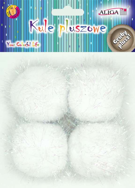 Decor-pompons with glitter 4pcs, 5cm, white