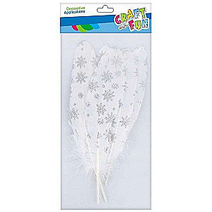 New Year Decoration - White Feathers with Snowflakes, 17-22 cm, 6 pcs.