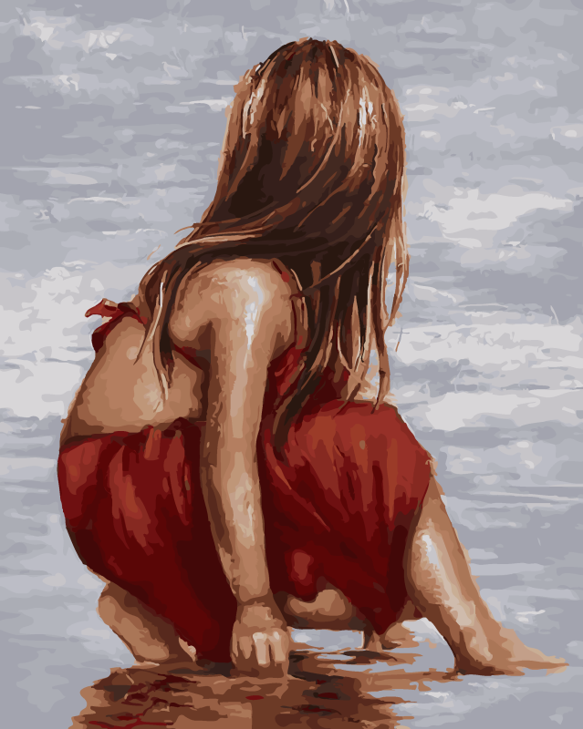 Paint by numbers 30x40 cm Girl in Red. Beach, 20 colors, torn 4