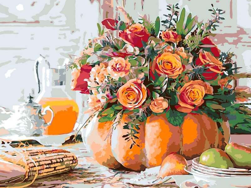 Diamond Mosaic 30x40 cm Still Life. Pumpkin with Roses, 26 colors, level 4
