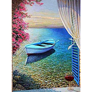 Diamond Mosaic 30x40 cm View from the Window. Boat, 26 colors, level 4