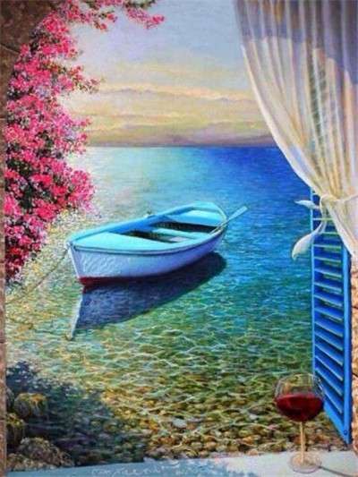Diamond Mosaic 30x40 cm View from the Window. Boat, 26 colors, level 4