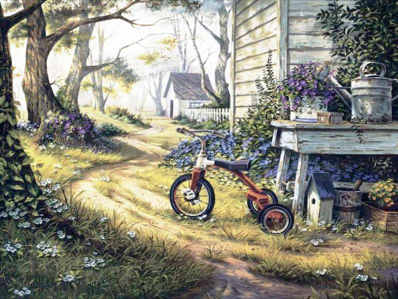Diamond mosaic 30x40 cm Bicycle in the yard, 26 colors, level 4
