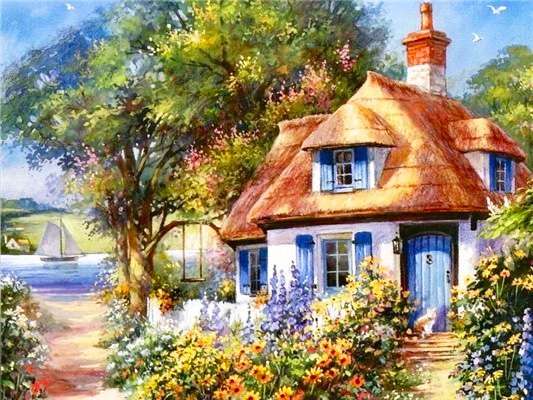 Diamond painting 30x40 cm House by the lake, 26 colors, level 4