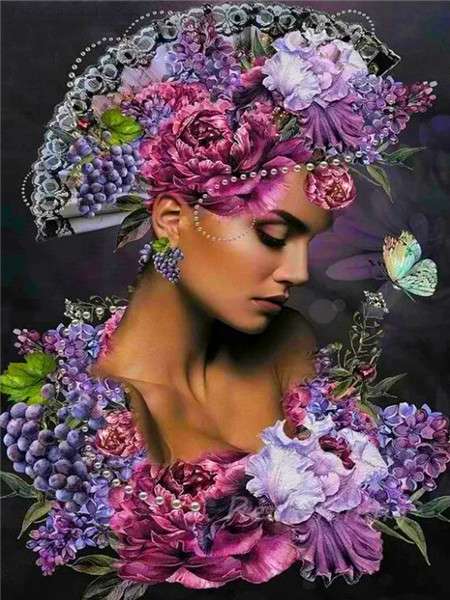 Diamond mosaic 30x40 cm Portrait in flowers. Violet, 26 colors, section 4