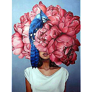 Diamond mosaic 30x40 cm Girl-bouquet with peonies and blue bird, 26 colors, level 4