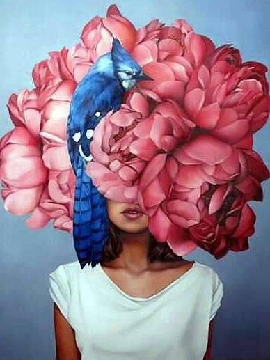 Diamond mosaic 30x40 cm Girl-bouquet with peonies and blue bird, 26 colors, level 4