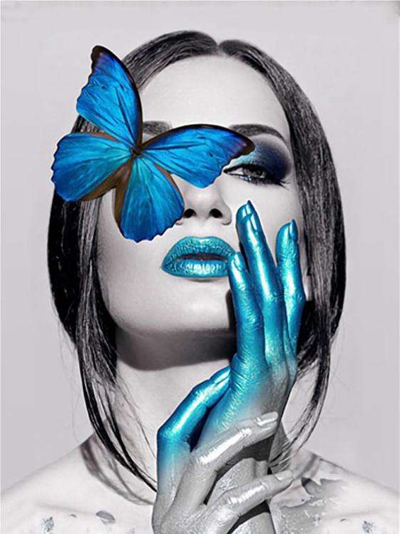 Diamond mosaic 30x40 cm Model with blue butterfly, 26 colors, difficulty level 4