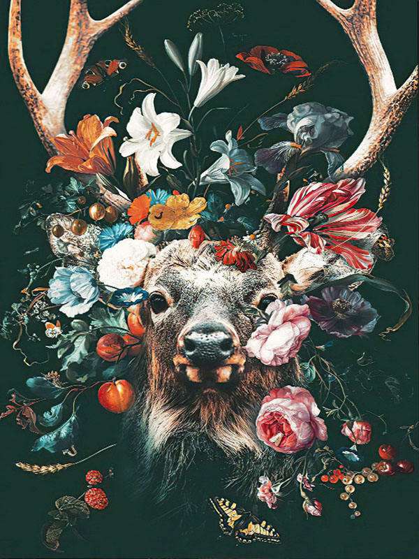 Diamond Mosaic 30x40 cm Deer in Flowers, 26 colors, difficulty 4