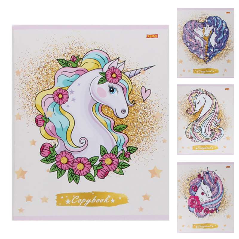 Notebook GRID 96 sheets. UNICORN IN GLITTER