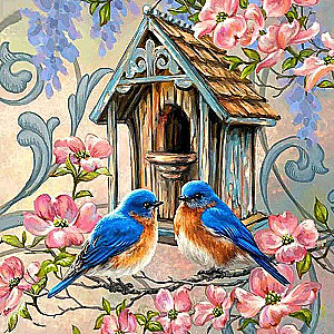 Diamond mosaic 30x30 cm Bullfinches near the birdhouse, 24 colors, level 3