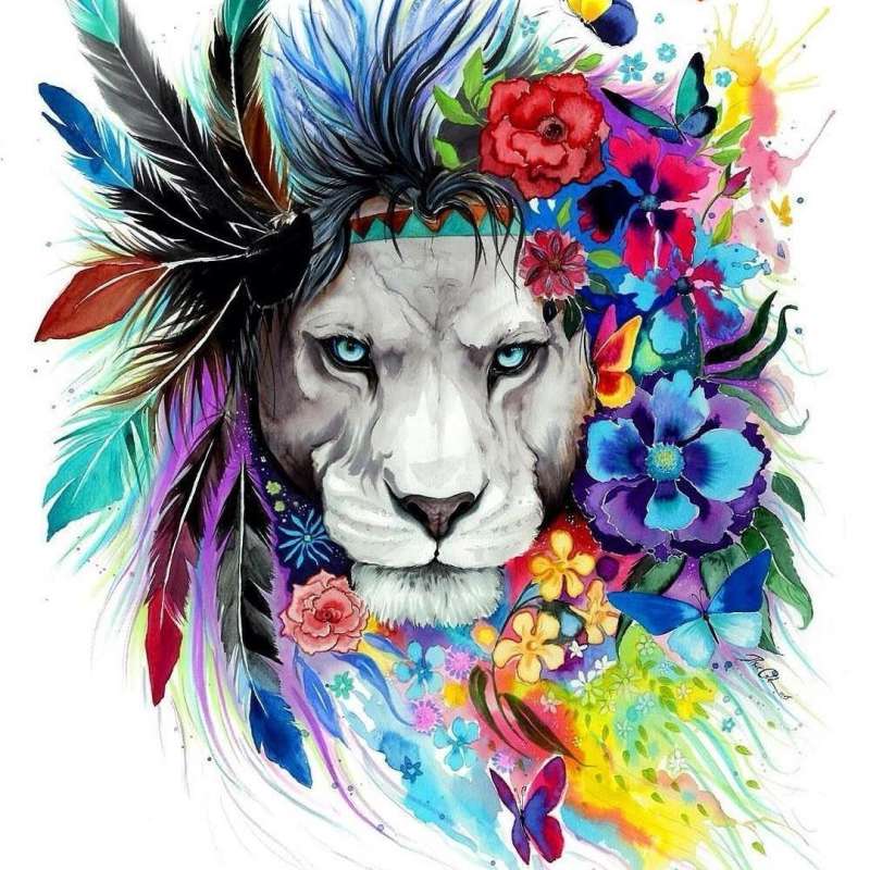 Diamond mosaic 30x30 cm Lion in flowers, 24 colors, level 3