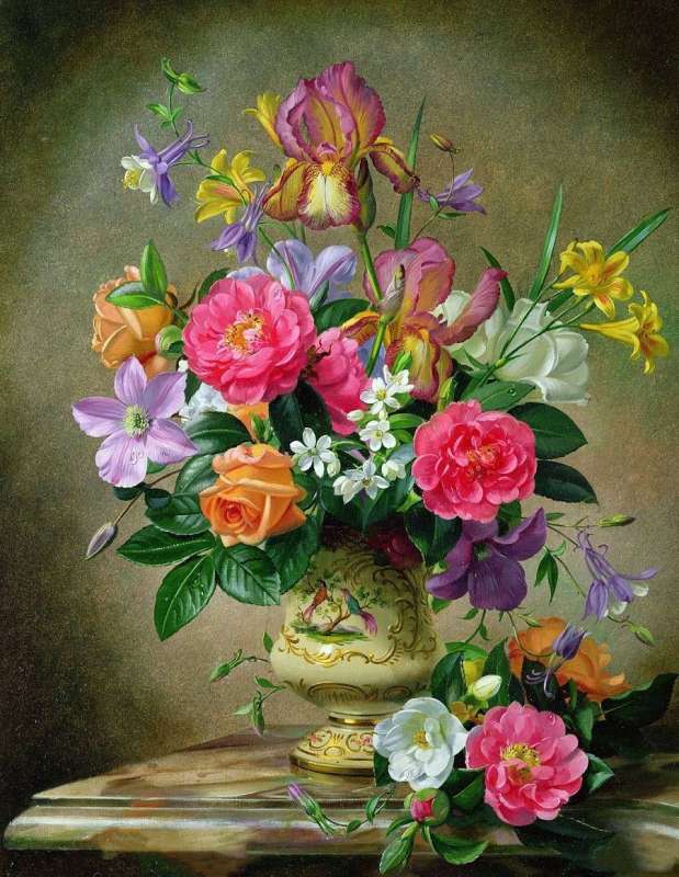 Diamond Mosaic 30x40 cm Spring Bouquet in Golden Vase, 26 colors, 4 levels