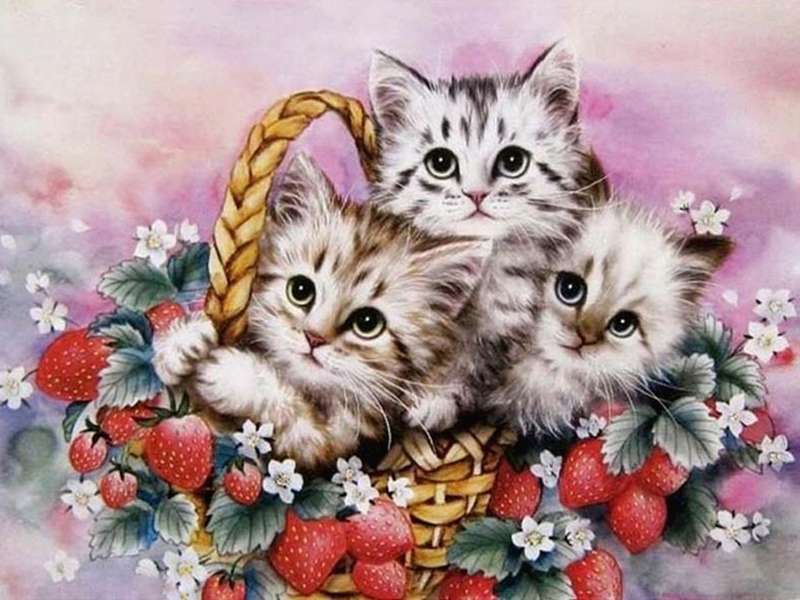 Diamond mosaic 30x40 cm Kittens in a basket with strawberries, 26 colors, level 4