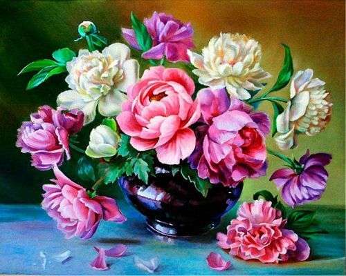 Diamond mosaic 30x40 cm Peonies in a vase, 26 colors, level 4