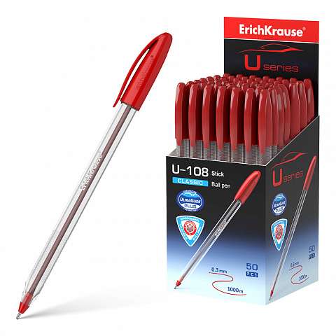 ErichKrause® U-108 Classic Stick Ballpoint Pen 1.0, Ultra Glide Technology, ink color red