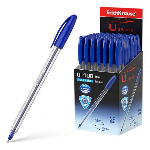 ErichKrause® U-108 Classic Stick Ballpoint Pen 1.0, Ultra Glide Technology, ink color blue