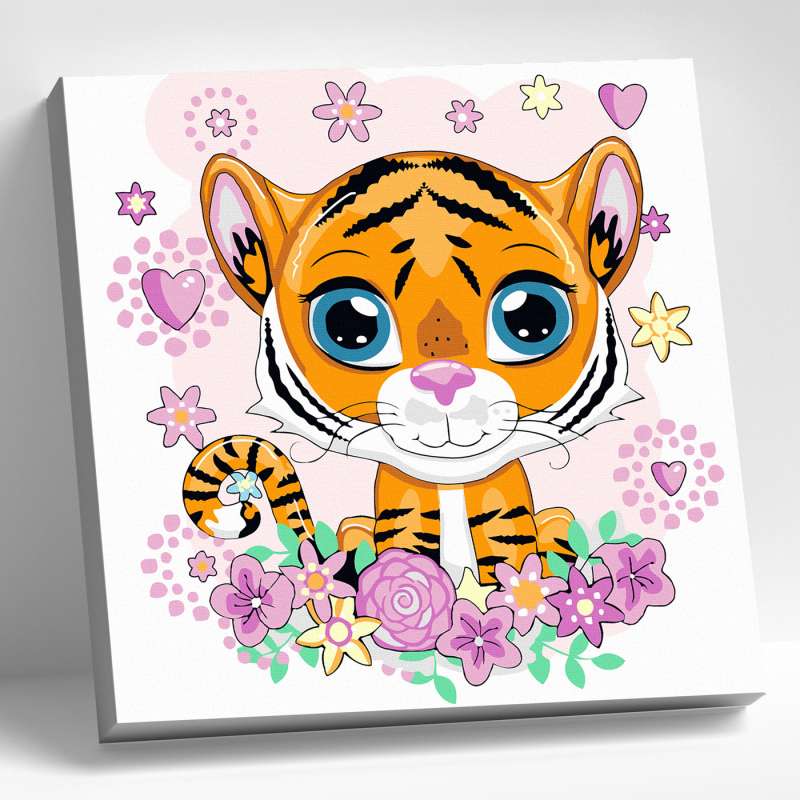 Number Painting 20X20  TIGER CUB WITH FLOWERS  13 colors 