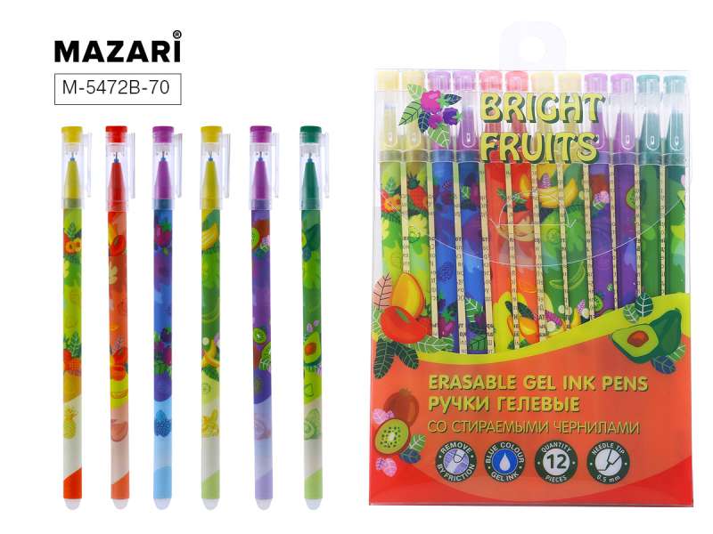Gēla pildspalvu komplekts ar dzēšamām tintēm BRIGHT FRUITS, 12 gab.