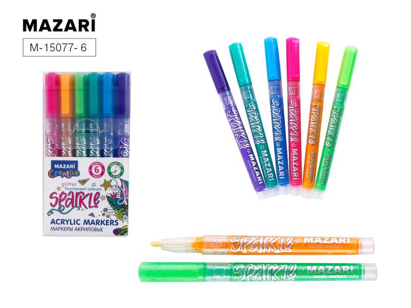 Sparkle Glitter Acrylic Paint Marker Set, 6 Colors