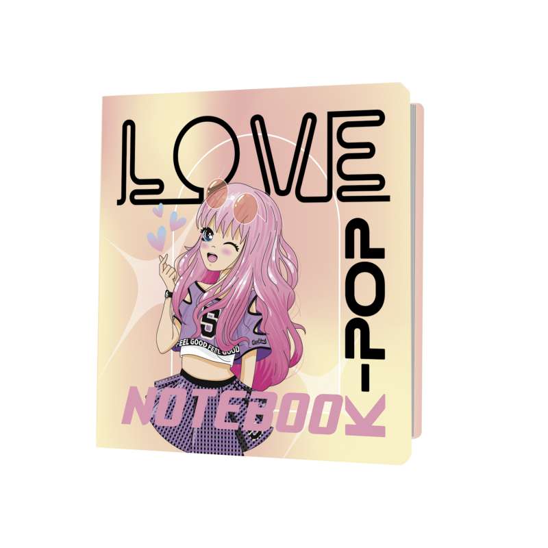K-POP Notebook girl in a top and skirt, beige-pink background