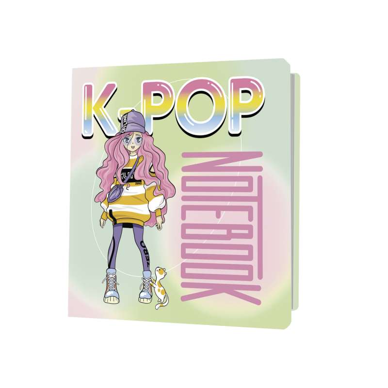 K-POP Notebook girl in full growth, green-pink background