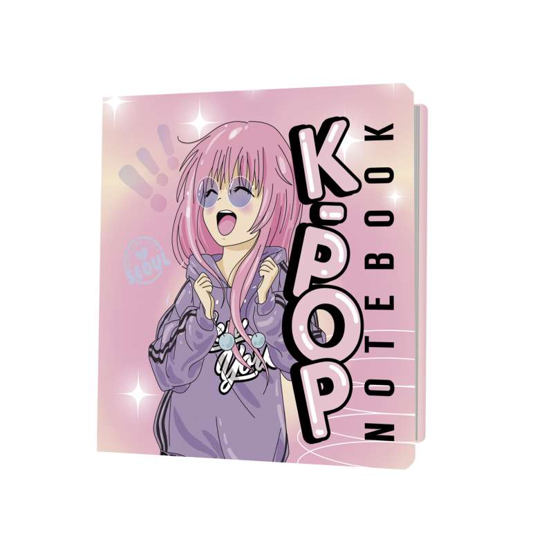 Notebook K-POP girl in a lavender hoodie, pink background