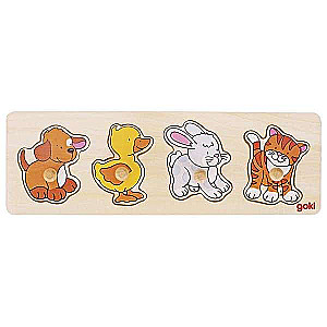 GOKI Wooden Puzzle with Buttons - Dog, Duck, Rabbit, Cat