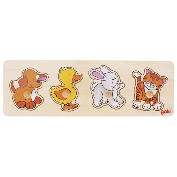 GOKI Wooden Puzzle with Buttons - Dog, Duck, Rabbit, Cat