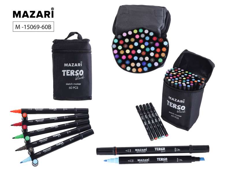 TERSO BLACK Double-Sided Sketch Markers Set, 60 Colors