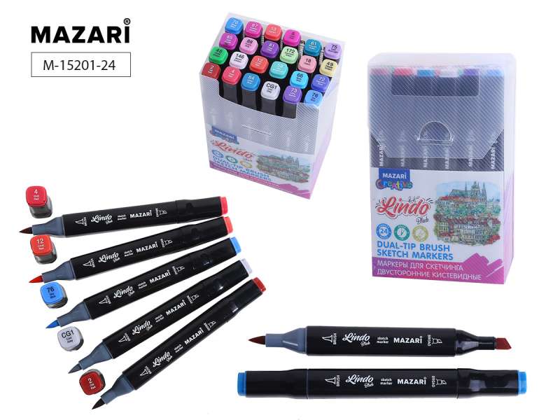 Set of double-sided sketch markers LINDO BLACK, 24 colors, Cool main colors