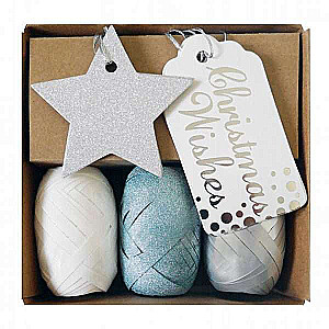 Christmas gift wrapping set ribbons 3 pcs x 10m/cards, silver/white 6 pcs.