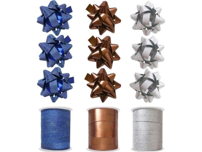 Christmas packaging set ribbon (10 m) and 3 bows, Mix