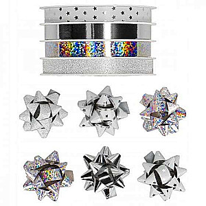 Decorative Christmas ribbon 4x1cmx4m and 6 silver/white bows