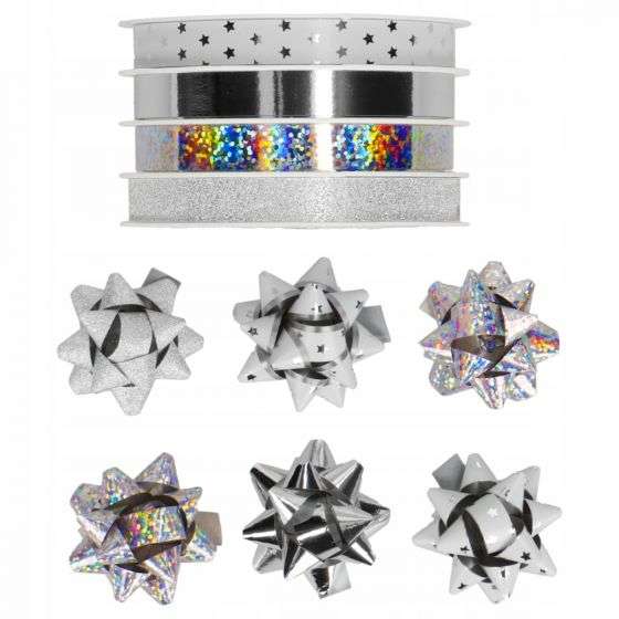 Decorative Christmas ribbon 4x1cmx4m and 6 silver/white bows