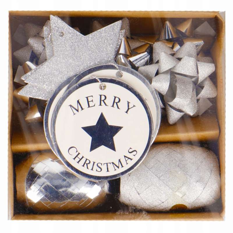 Christmas gift wrapping set ribbons 2 pcs./bows 6 pcs./cards 6 pcs. Silver