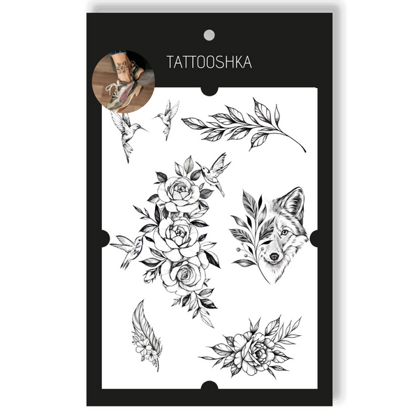 Tattoo - Temporary Sticker Flowers with Fox 15.5x21cm
