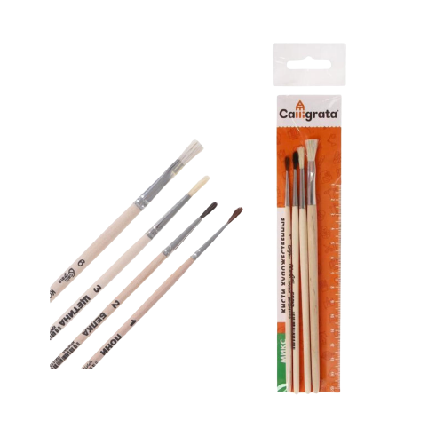 Brush Set Mix 4pcs Calligrata No.1 Round: Pony No.1 Squirrel No.2 Bristle No.3; Flat Goat No.6