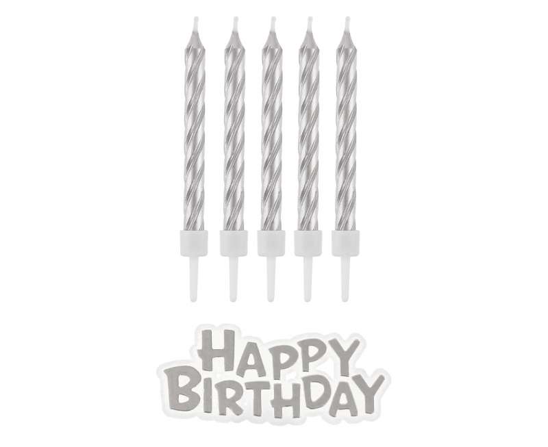 B&C Happy Birthday Candle Set with Holders, Silver, 16 pcs
