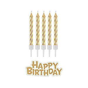 B&C Happy Birthday Candle Set with Holders, Gold, 16 pcs
