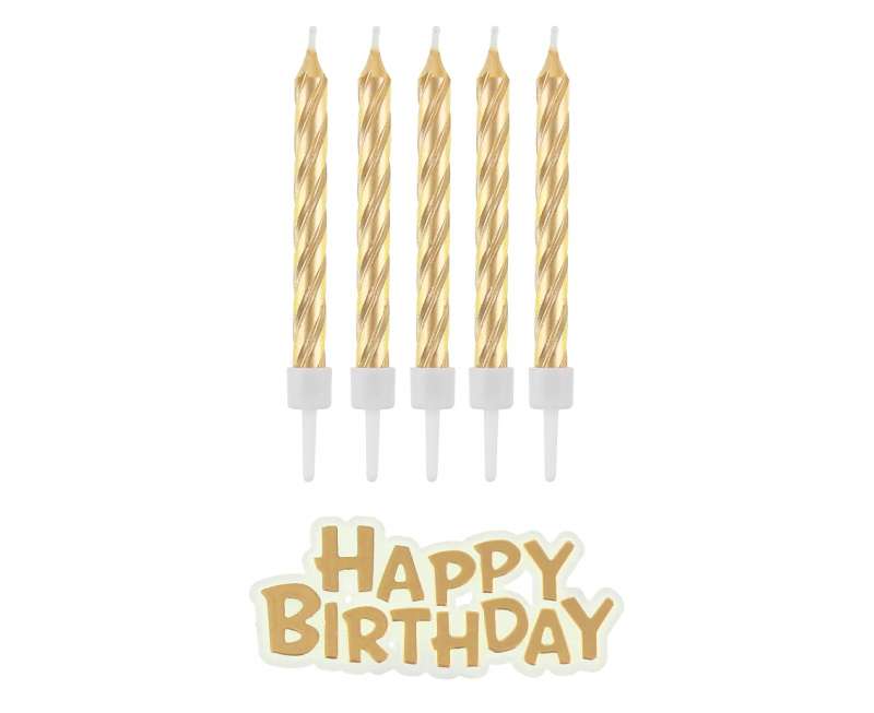 B&C Happy Birthday Candle Set with Holders, Gold, 16 pcs