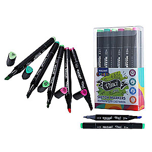 Divpusējie marķieri skicēšanai VINCI BLACK, 12 krāsas, Flowers colors