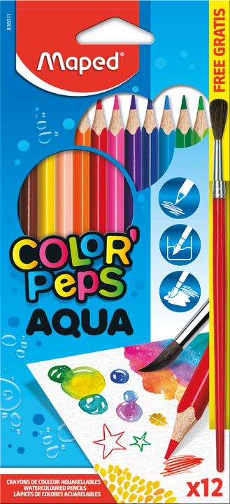 MAPED AQUA Colored Pencils, 12 Colors + Brush